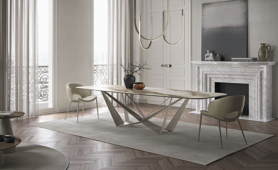 Skorpio Keramik table de Cattelan Italia, un modèle emblématique au plateau en céramique et base sculpturale en acier. Disponible chez D-Style Interior.