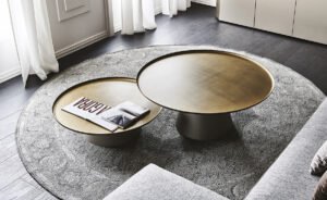 Table basse design haut de gamme Amerigo par Cattelan Italia, base conique acier avec plateau finition brossée, disponible chez D-Style Interior.