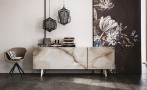 Buffet design haut de gamme Metropol par Cattelan Italia, portes céramique Marmi avec structure bois laqué, disponible chez D-Style Interior