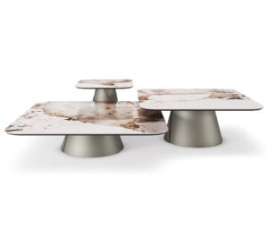 Table basse design haut de gamme Albert Keramik S par Cattelan Italia, plateau céramique Marmi avec base conique métallique, disponible chez D-Style Interior.