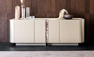 Buffet design haut de gamme Dynasty par Cattelan Italia, structure bois laqué avec verre imprimé effet marbre, disponible chez D-Style Interior