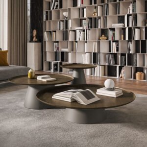 Table basse design haut de gamme Amerigo par Cattelan Italia, base conique acier avec plateau finition brossée, disponible chez D-Style Interior.