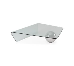 Table basse design haut de gamme Globe par Cattelan Italia, plateau verre courbé avec sphère acier ou travertin, disponible chez D-Style Interior.