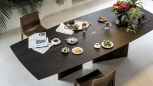 Table à manger design haut de gamme Epsilon par Arketipo, plateau bois et métal design Manzoni & Tapinassi, disponible chez D-Style Interior