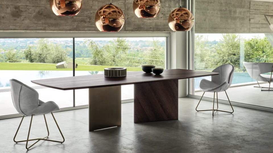 Table à manger design haut de gamme Epsilon par Arketipo, plateau bois et métal design Manzoni & Tapinassi, disponible chez D-Style Interior