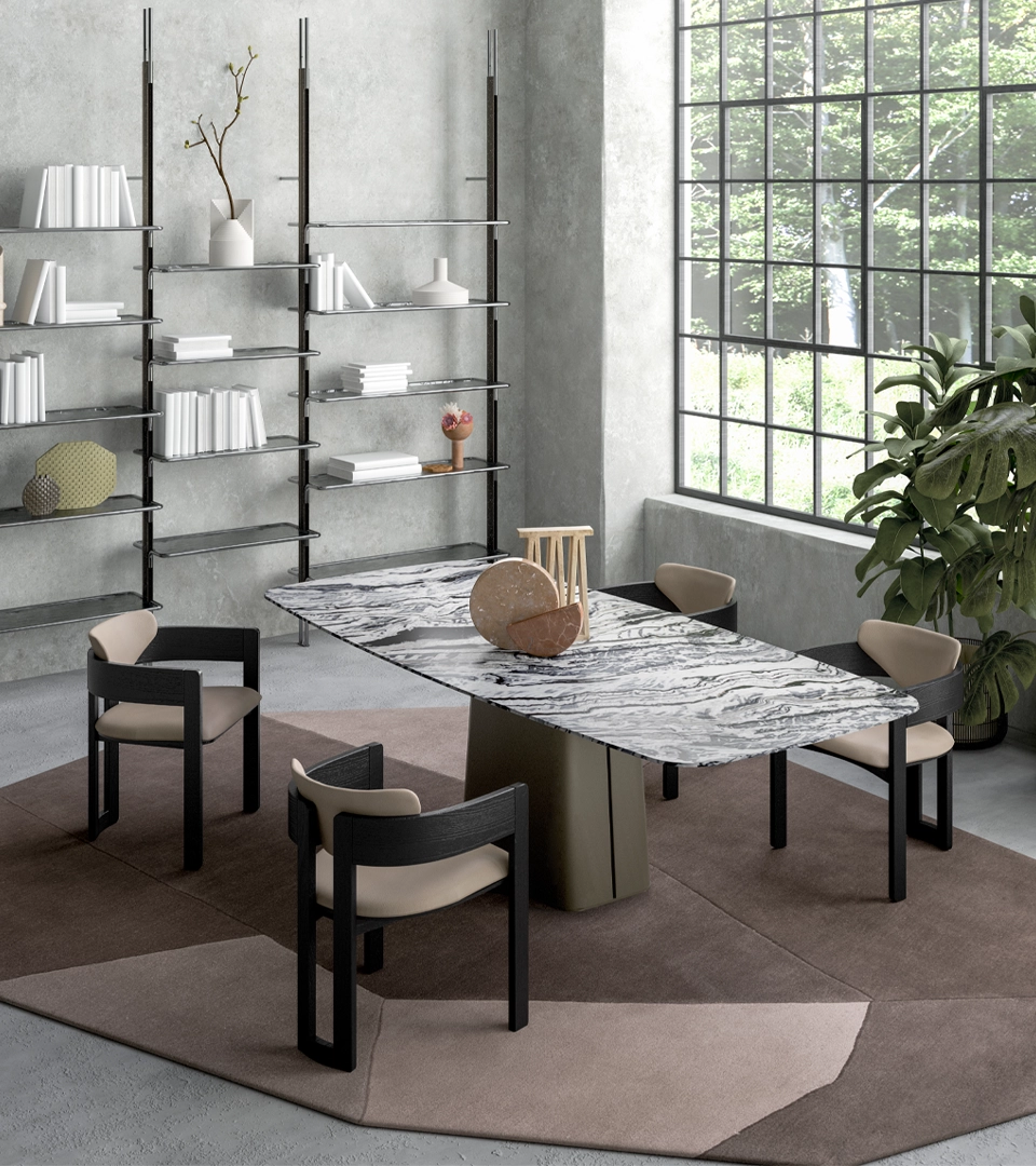 Table à manger design haut de gamme Icon par Arketipo, plateau marbre Moon grey avec pilier central métal, disponible chez D-Style Interior