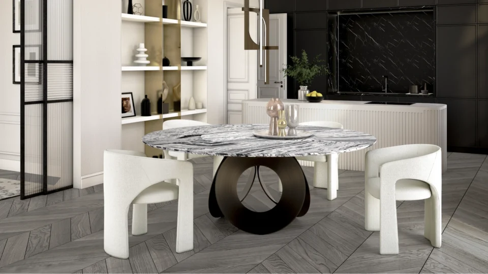 Table à manger design haut de gamme Oracle par Arketipo, base trois cercles métalliques avec plateau marbre, disponible chez D-Style Interior