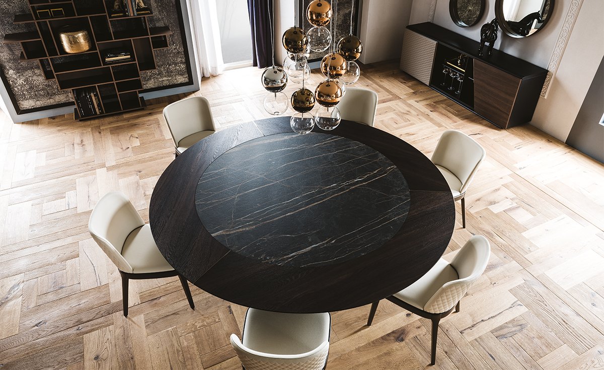 Skorpio Ker-Wood Round table de Cattelan Italia, alliance parfaite entre bois, céramique et acier. Élégance et savoir-faire italien. Disponible chez D-Style Interior.