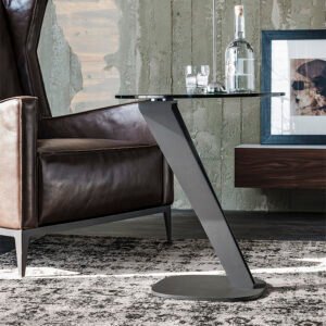 Table basse design haut de gamme Falco par Cattelan Italia, structure acier graphite avec plateau verre transparent ou fumé, disponible chez D-Style Interior.