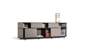 Lloyd Tex Cabinet faible Poltrona Frau : bibliothèque design haut de gamme avec panneaux Techno-fabric coulissants. Design Jean-Marie Massaud. D-Style Interior.