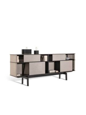 Lloyd Tex Cabinet haut Poltrona Frau : bibliothèque design haut de gamme avec panneaux Techno-fabric coulissants. Design Jean-Marie Massaud. D-Style Interior.