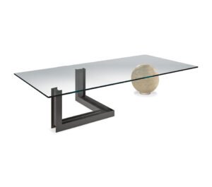 Table basse design haut de gamme Levante par Cattelan Italia, plateau verre avec base acier et sphère travertin, disponible chez D-Style Interior.