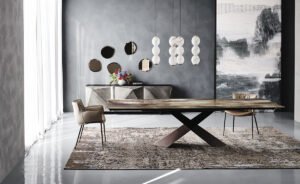 Tyron Crystalart Drive table design extensible par Cattelan Italia avec base en acier embossé et plateau en verre Crystalart. Disponible chez D-Style Interior.