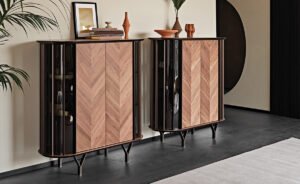 Buffet design haut de gamme Costes par Cattelan Italia, côtés verre incurvé avec inserts bronze et portes à lamelles, disponible chez D-Style Interior