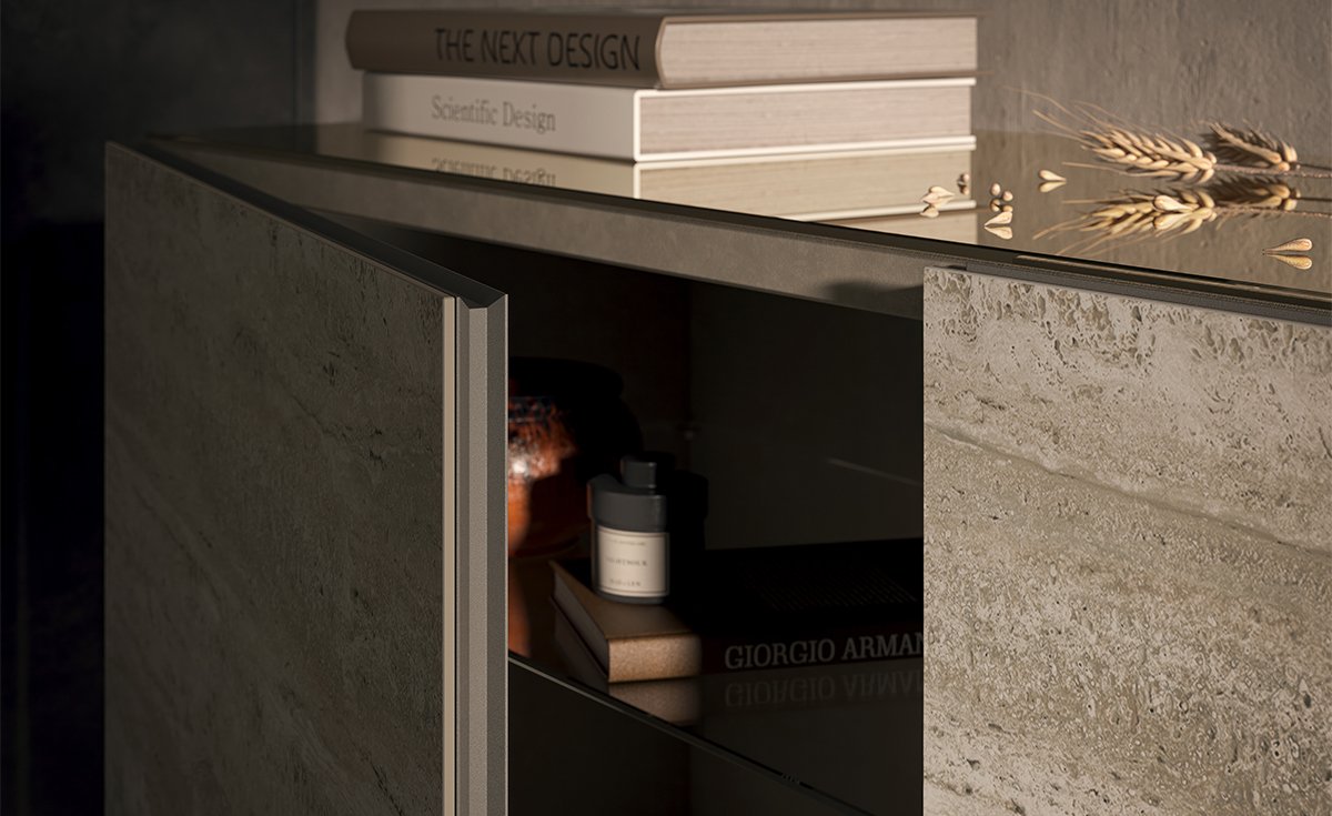 Buffet design haut de gamme Metropol par Cattelan Italia, portes céramique Marmi avec structure bois laqué, disponible chez D-Style Interior