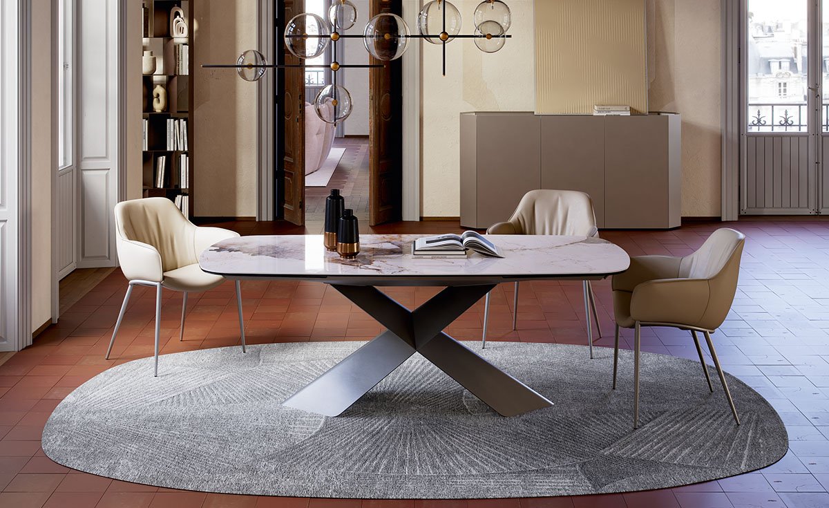 Tyron Keramik Drive table extensible design par Cattelan Italia avec plateau en céramique Marmi et base en acier laqué. Disponible chez D-Style Interior.