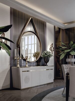 Palladio miroir par Vittoria Frigerio avec sangle en cuir, cadre métallique et verre bronzé chanfreiné. Disponible chez D-Style Interior.