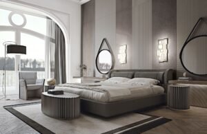 Palladio miroir par Vittoria Frigerio avec sangle en cuir, cadre métallique et verre bronzé chanfreiné. Disponible chez D-Style Interior.