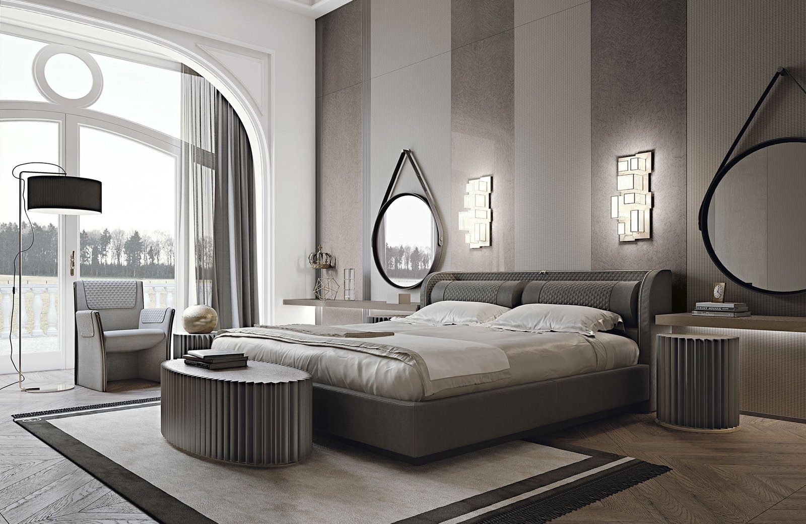 Palladio miroir par Vittoria Frigerio avec sangle en cuir, cadre métallique et verre bronzé chanfreiné. Disponible chez D-Style Interior.