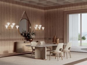 Pinto table de Vittoria Frigerio, avec plateau en marbre biseauté et base matelassée en cuir. Un design luxueux et personnalisable. Disponible chez D-Style Interior.