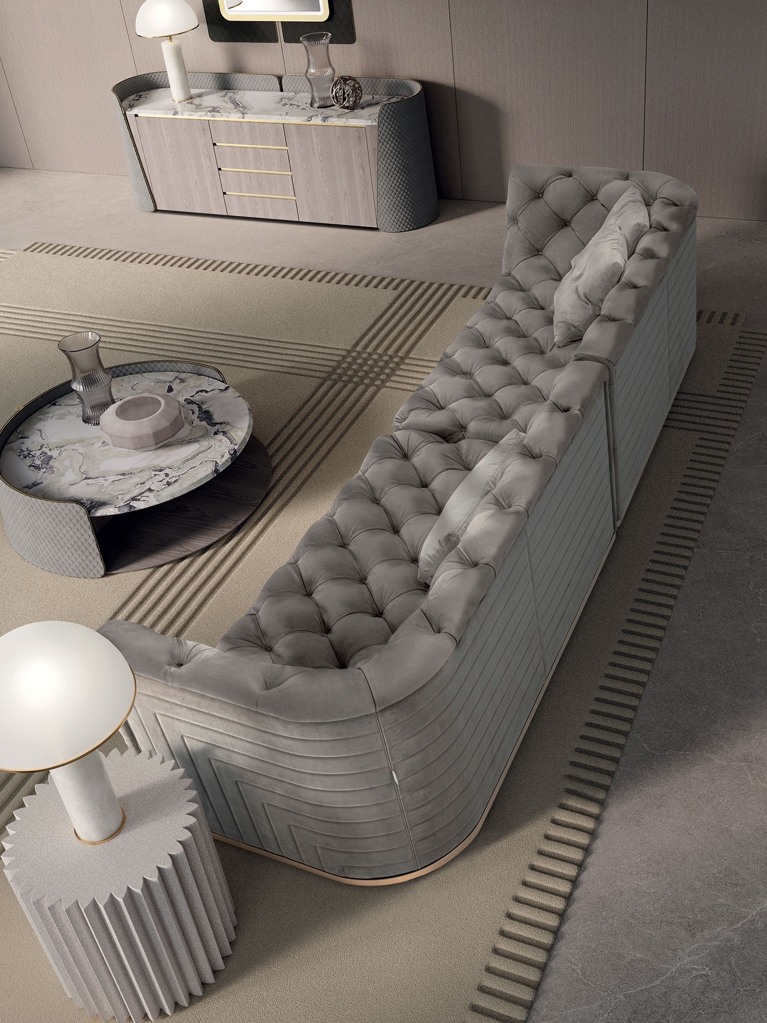 Caracciolo canapé design haut de gamme par Vittoria Frigerio, un canapé capitonné réalisé à la main au charme royal. Disponible chez D-Style Interior.