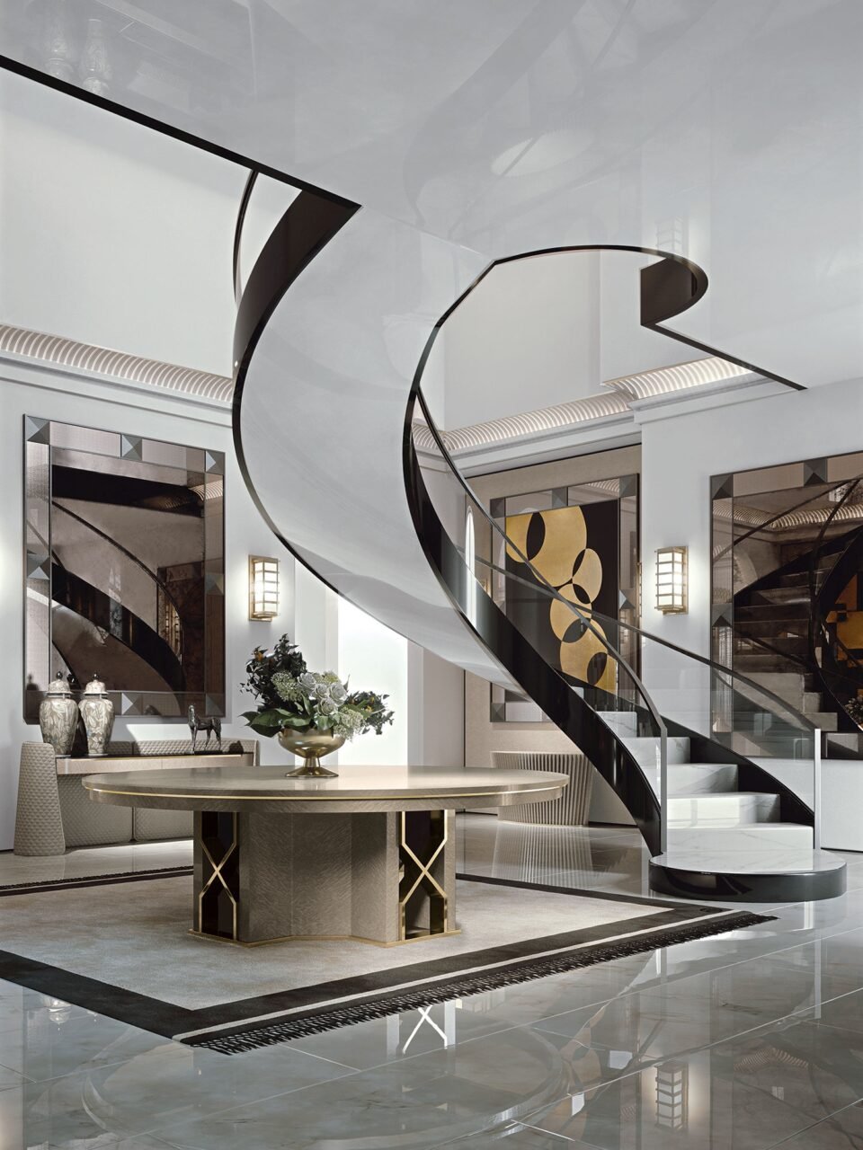 Grimaldi table de Vittoria Frigerio combine bois précieux et finitions métalliques pour un look imposant et raffiné. Disponible chez D-Style Interior.