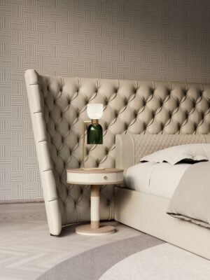 Salis table de chevet design haut de gamme en bois plaqué avec insert en cuir Cuoio et poignée logo VF. Disponible chez D-Style Interior.