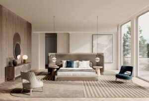 Corio Lit design haut de gamme signé Vittoria Frigerio, avec tête de lit architecturale façon paravent, inserts en cuir Cuoio et cadre raffiné. Disponible chez D-Style Interior.