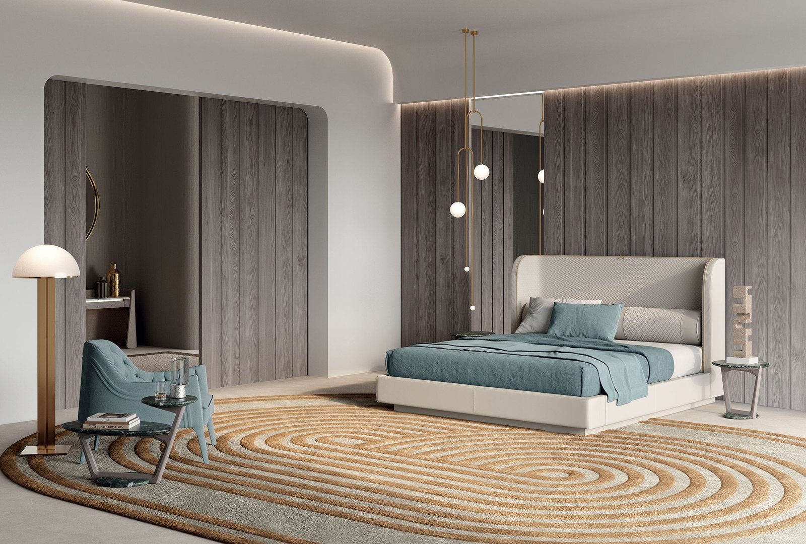 Bellini Lit design haut de gamme Vittoria Frigerio, avec tête de lit matelassée, zip décoratif et coussins roulés réglables. Disponible chez D-Style Interior.