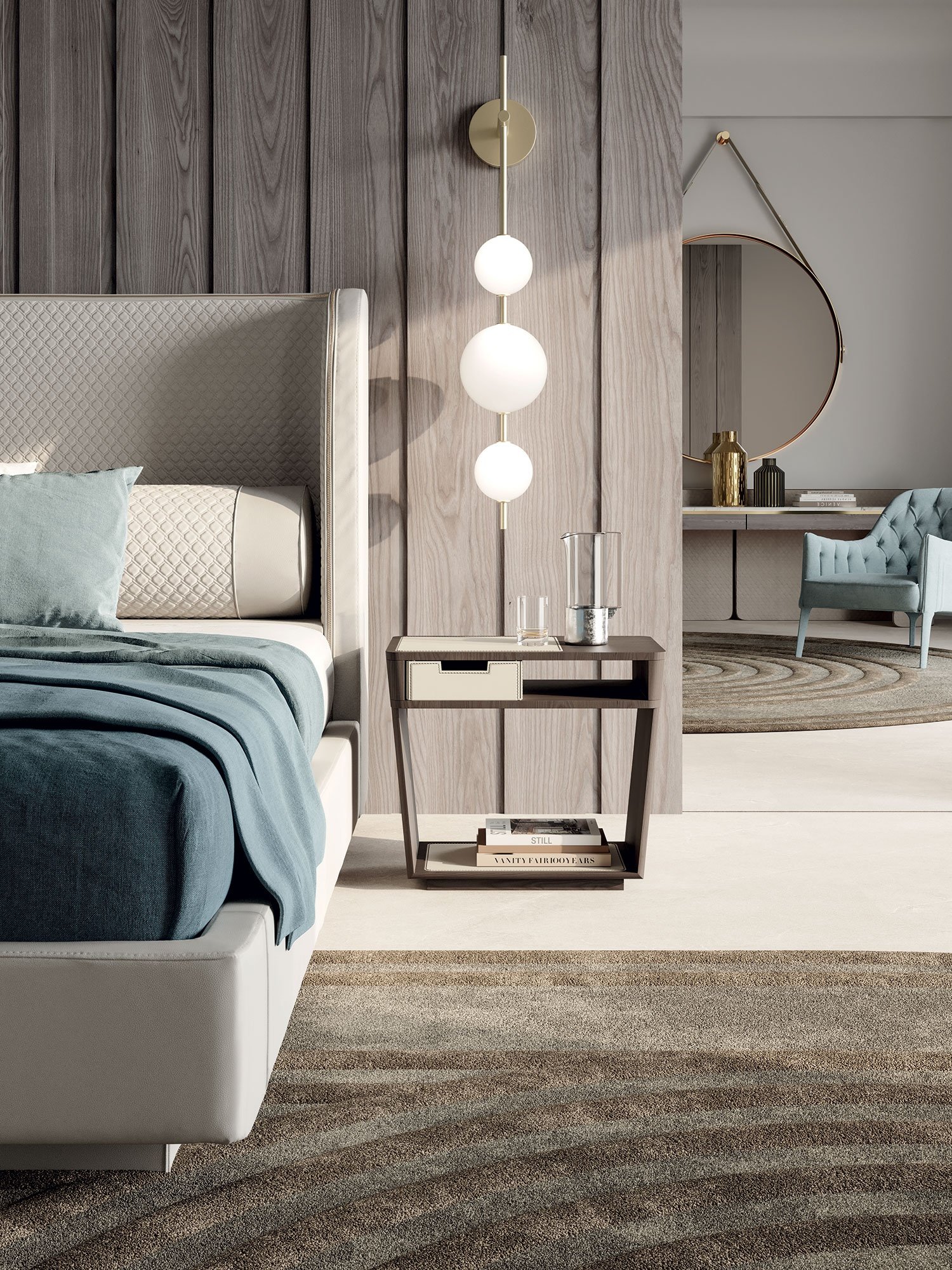 Bellini Lit design haut de gamme Vittoria Frigerio, avec tête de lit matelassée, zip décoratif et coussins roulés réglables. Disponible chez D-Style Interior.