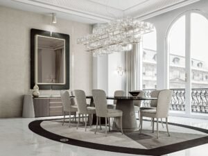 Foscari table de Vittoria Frigerio, avec plateau en marbre et pieds habillés de cuir ou tissu. Une pièce luxueuse pour salle à manger. Disponible chez D-Style Interior.