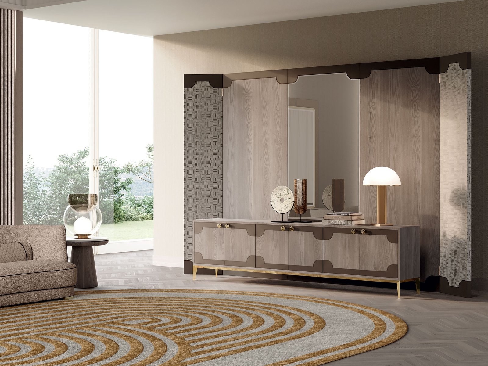 Crivelli buffet de Vittoria Frigerio, un meuble design haut de gamme associant bois, cuir et finitions métalliques. Disponible chez D-Style Interior.