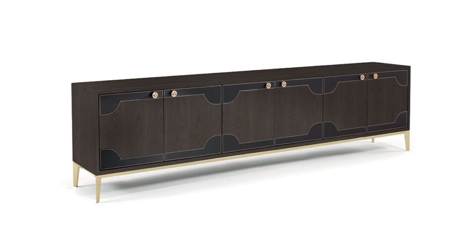 Crivelli buffet de Vittoria Frigerio, un meuble design haut de gamme associant bois, cuir et finitions métalliques. Disponible chez D-Style Interior.