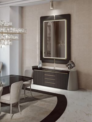 Contarini buffet par Vittoria Frigerio. Un meuble design haut de gamme avec marbre, finitions capitonnées ou embossées. Disponible chez D-Style Interior.