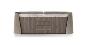 Contarini buffet par Vittoria Frigerio. Un meuble design haut de gamme avec marbre, finitions capitonnées ou embossées. Disponible chez D-Style Interior.