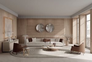 Lanza buffet en cuir par Vittoria Frigerio, finitions bois nobles, étagères en verre et éclairage LED. Une pièce haut de gamme disponible chez D-Style Interior.