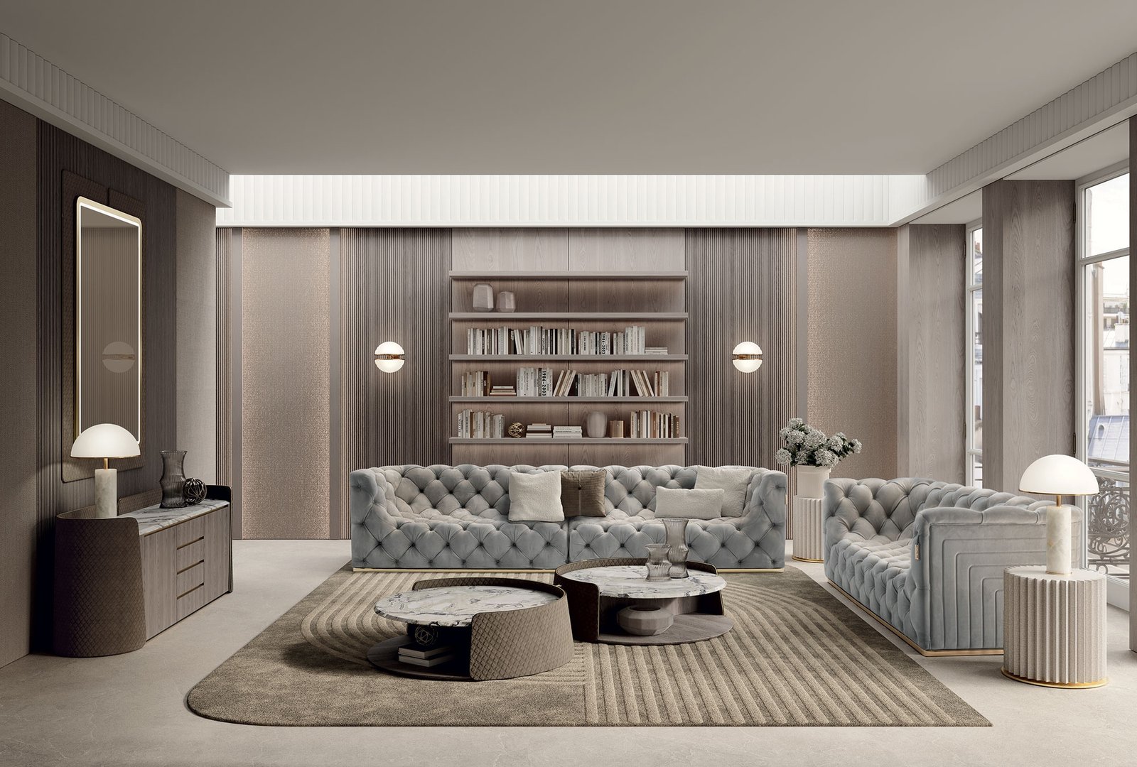 Contarini buffet par Vittoria Frigerio. Un meuble design haut de gamme avec marbre, finitions capitonnées ou embossées. Disponible chez D-Style Interior.