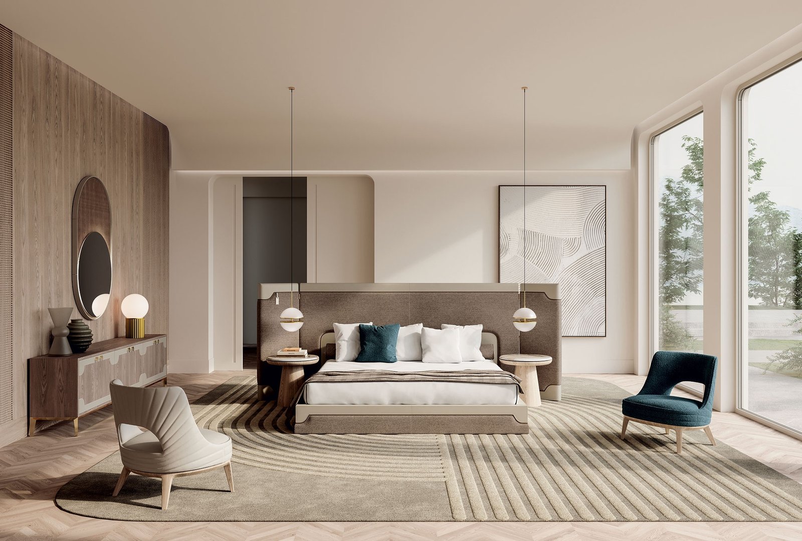 Crivelli buffet de Vittoria Frigerio, un meuble design haut de gamme associant bois, cuir et finitions métalliques. Disponible chez D-Style Interior.