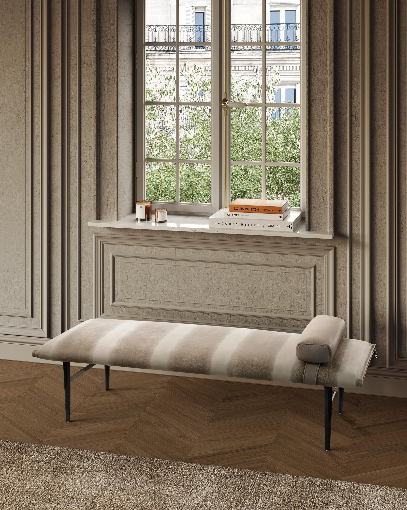 New York Banc de Gamma Arredamenti, un banc design en cuir au style raffiné, parfait pour les intérieurs contemporains. Disponible chez D-Style Interior.