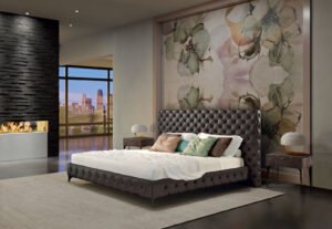 Aston Alto Night lit de Gamma Arredamenti se distingue par son capitonnage artisanal et sa tête de lit basse. Disponible chez D-Style Interior.