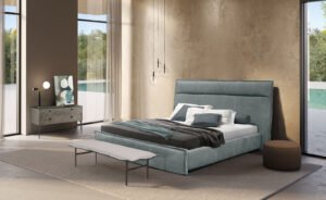 Flamingo Night Lit en cuir haut de gamme avec tête de lit haute, coutures contrastées et option de rangement. Élégant, confortable et disponible chez D-Style Interior.