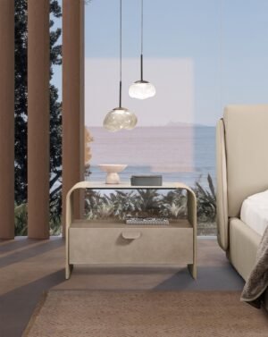 Yōko Night lit de Gamma Arredamenti, une création en cuir véritable avec tête de lit sculpturale et finitions personnalisables. Disponible chez D-Style Interior.