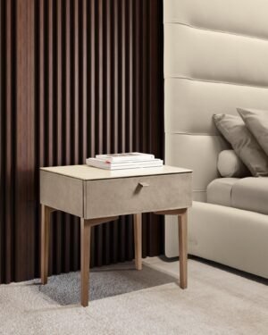 Nebula de Gamma Arredamenti, tables de chevet en cuir design haut de gamme avec plateau personnalisable et options de piètement. Disponible chez D-Style Interior.
