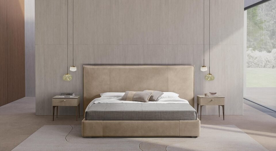 Nebula de Gamma Arredamenti, tables de chevet en cuir design haut de gamme avec plateau personnalisable et options de piètement. Disponible chez D-Style Interior.