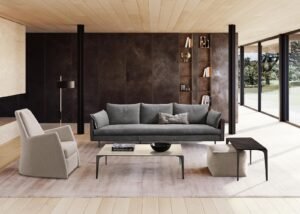 Blade table basse Blade de Gamma Arredamenti, un modèle au design raffiné avec pieds métalliques et plateau en marbre ou céramique. Disponible chez D-Style Interior.